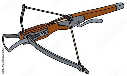 The vectorized hand drawing of a historical wooden crossbow