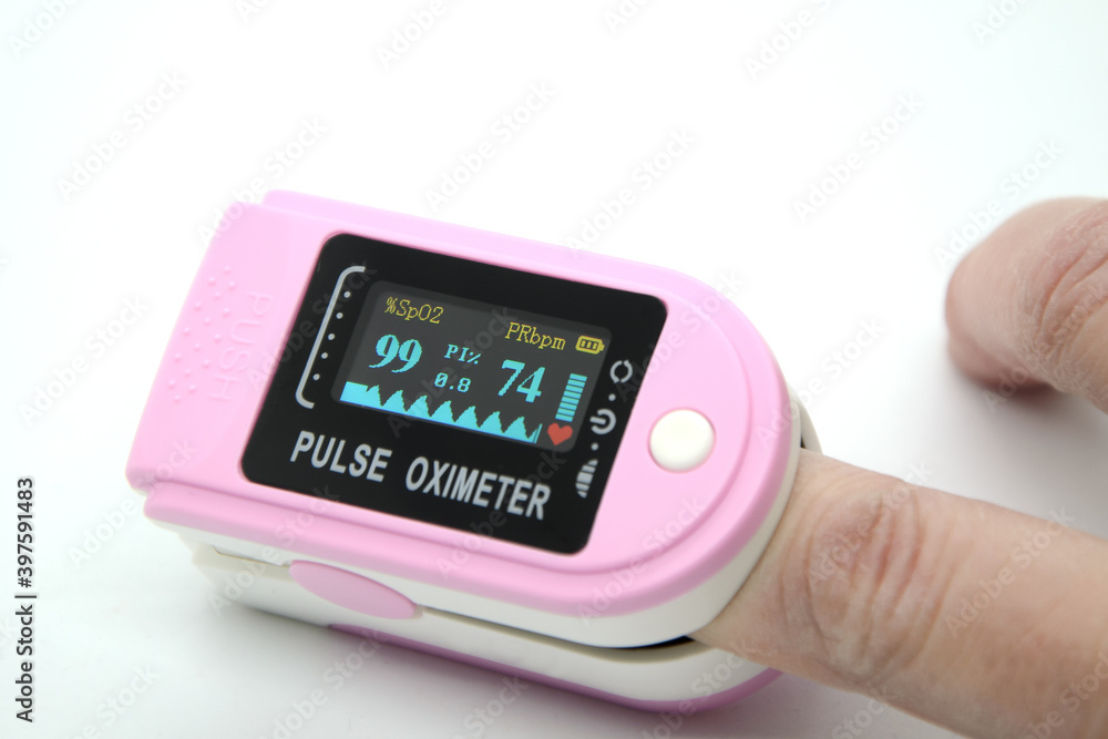 Portable digital fingertip pulse oximeter with LED display on finger