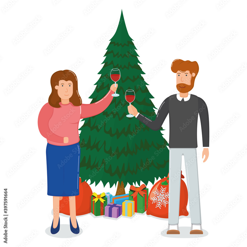 Lovely couple character hold wine glass, xmas fir tree with gift box, merry christmas souvenir bag cartoon vector illustration, isolated on white. Lovely couple character hold wine glass, xmas fir tree with gift box, merry christmas souvenir bag cartoon vector illustration, isolated on white.