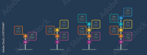 Set of Vertical infographics or timelines with 2, 3, 4 and 5 parts. Tree of Development and growth of the business in the world. Business presentation with steps or processes. Info graphic.