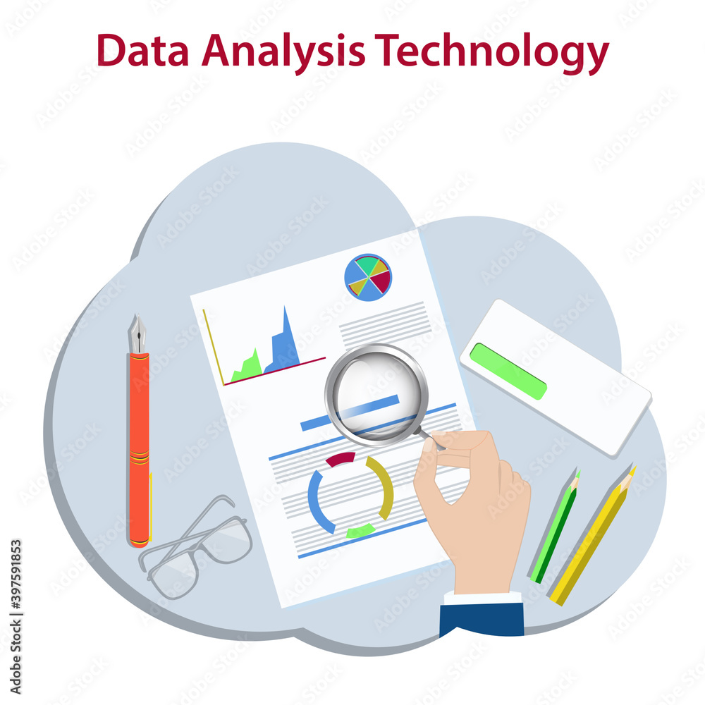 Data analysis - hand with magnifying glass, blank with graphic symbols - vector. Business technology. Data analysis - hand with magnifying glass, blank with graphic symbols - vector. Business technology.