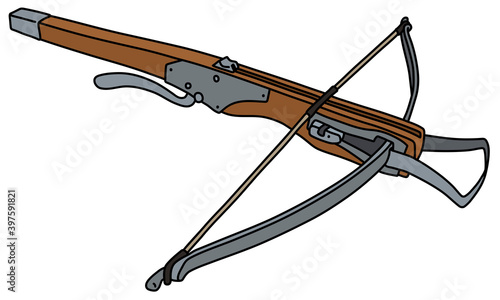 The vectorized hand drawing of a historical wooden crossbow