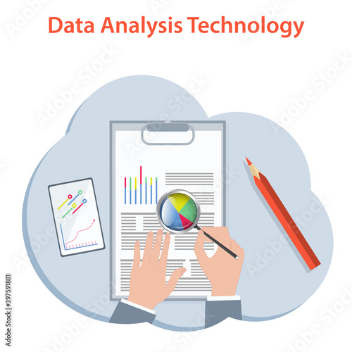 Data analysis - blank with graphic symbols, smartphone, hands, magnifying glass, - vector. Business technology.