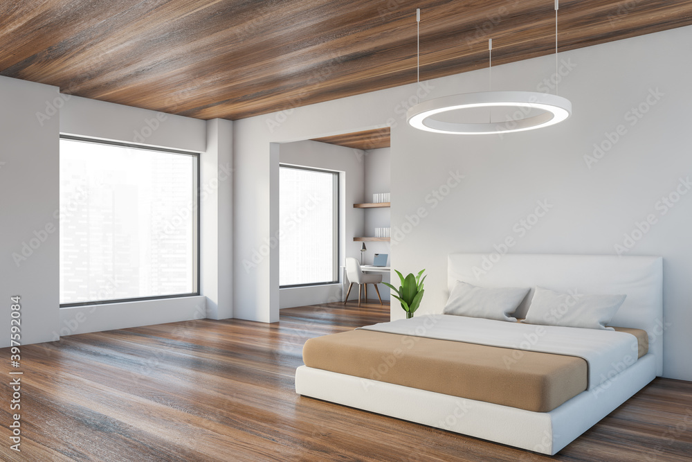 Fototapeta premium White and wooden bedroom with window, parquet and workplace with chair