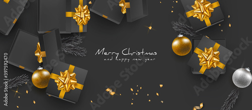 Black and gold luxury Christmas realistic flat lay illustration with gift box and confetti vector background