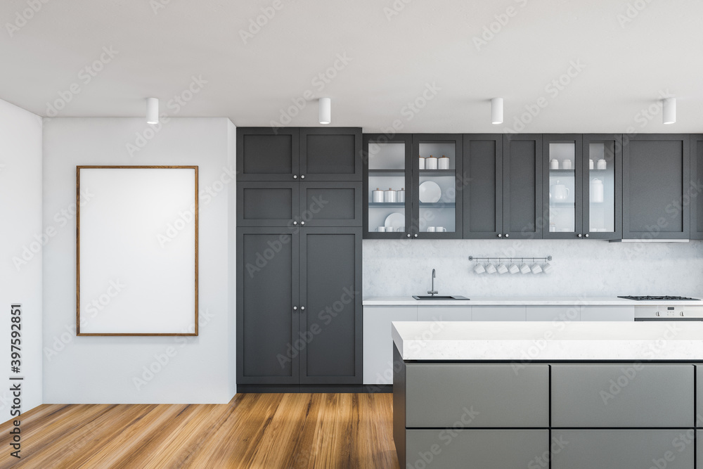 White kitchen interior with cupboards and poster White kitchen interior with cupboards and poster