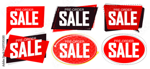 Set Pre-Order Sale banners design template, discount tags, vector illustration