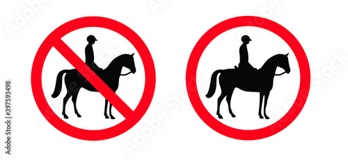 Warning zone, no horse riding. Forbidden sign symbol for situations where horse riding is not allowed. No traffic horses and rider area signs. Anti fox hunting concept. Stop halt allowed, no ban.