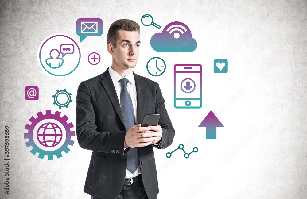 Man with phone and cloud computing Man with phone and cloud computing