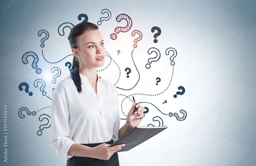 Young woman with folder and question marks Young woman with folder and question marks
