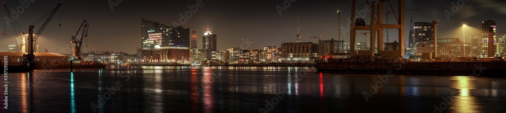 Large night panorama of the Hafencity in Hamburg with the Elbphilharmony
