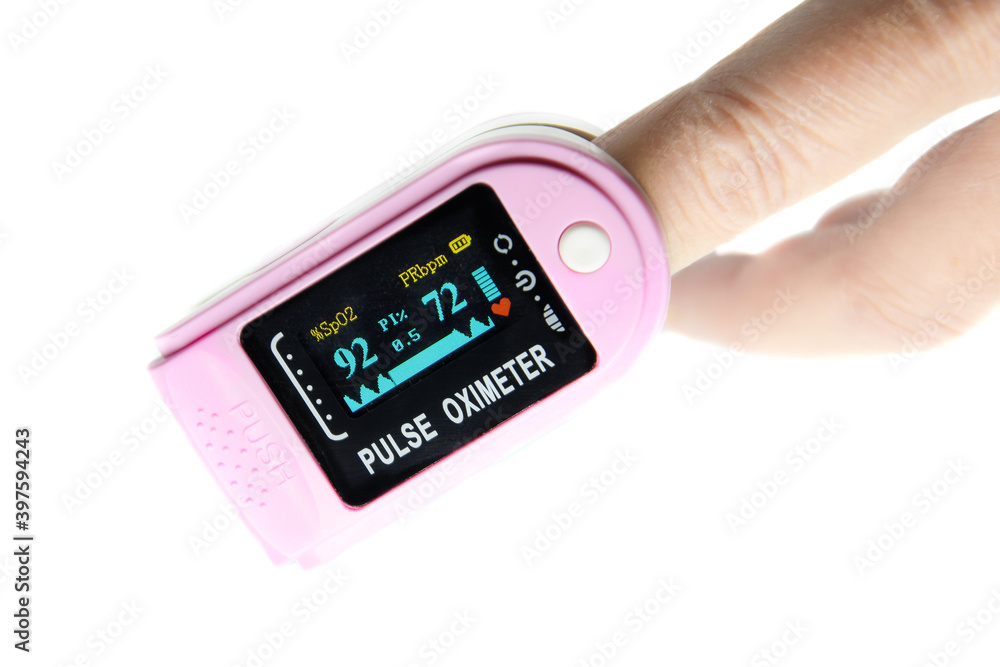 Portable digital fingertip pulse oximeter with LED display on finger, blood oxygen saturation monitor SpO2 with pulse rate measurements and pulse bar graph. Saturation control for viral infections Portable digital fingertip pulse oximeter with LED display on finger, blood oxygen saturation monitor SpO2 with pulse rate measurements and pulse bar graph. Saturation control for viral infections