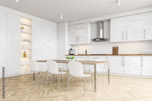 Modern white kitchen corner with table
