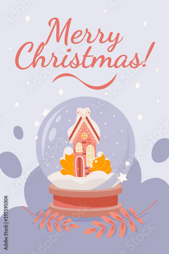 House in a glass ball with snow cute card merry christmas greetings