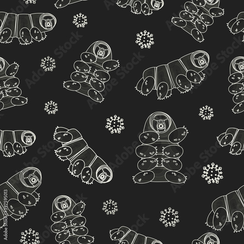 Gray white cute Tardigrade, water bears or moss piglets vector repeat seamless pattern. Chalk on blackboard effect