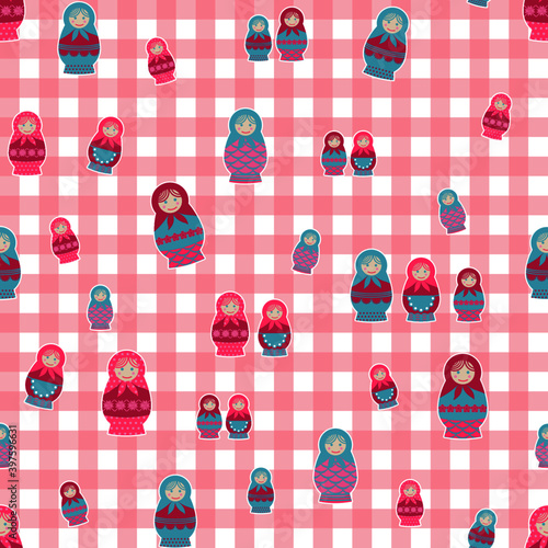Cute seamless pattern design of matryoshka dolls in sweet pink color. Suitable for wrapping paper, wallpaper, fabric, backdrop and etc.