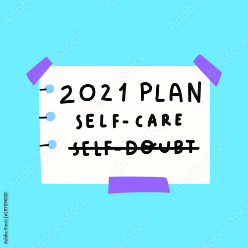 2021 plan. Self-care. Hand drawn illustration on blue background.
