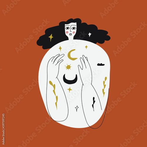 Mystical girl. Boho style. Esoteric concept. Vector illustration on brown background. 