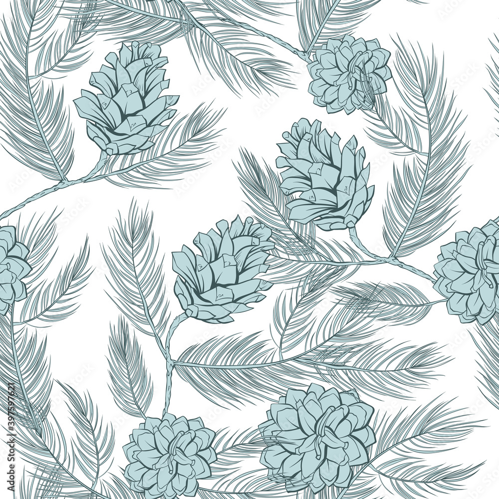 Cones pattern of fir or pine, seamless background, vector green tree branch spruces decoration. Pine cones pattern in pastel color, wallpaper and textile seamless print vintage. White background Cones pattern of fir or pine, seamless background, vector green tree branch spruces decoration. Pine cones pattern in pastel color, wallpaper and textile seamless print vintage. White background