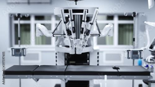Futuristic surgical robot in a modern clinic. 3D rendering.