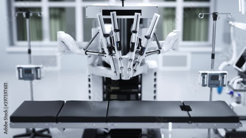 Futuristic surgical robot in a modern clinic. 3D rendering.