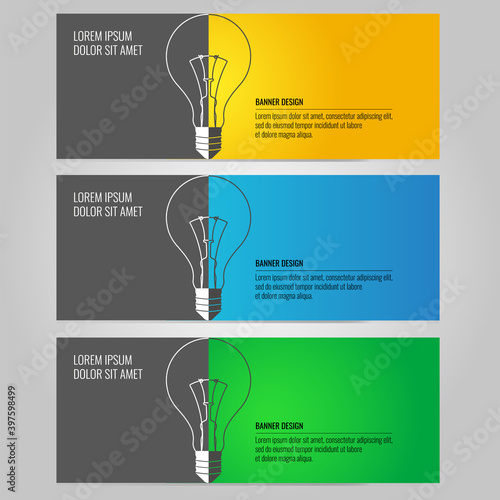 Set of banners with light bulb design. Web header. Footer. Banner design. Flyer, flier template. Card idea. Creative cover. Web template. Web button. Banner creative. Promotion. Menu. Sticker.