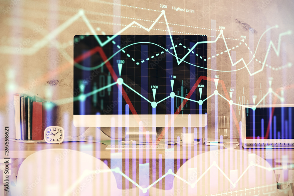 Multi exposure of stock market chart drawing and office interior background. Concept of financial analysis. Multi exposure of stock market chart drawing and office interior background. Concept of financial analysis.