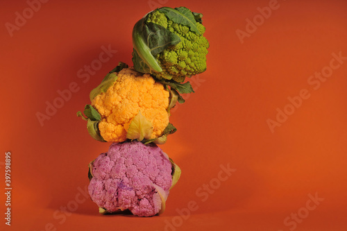colorful cauliflowers on plain background