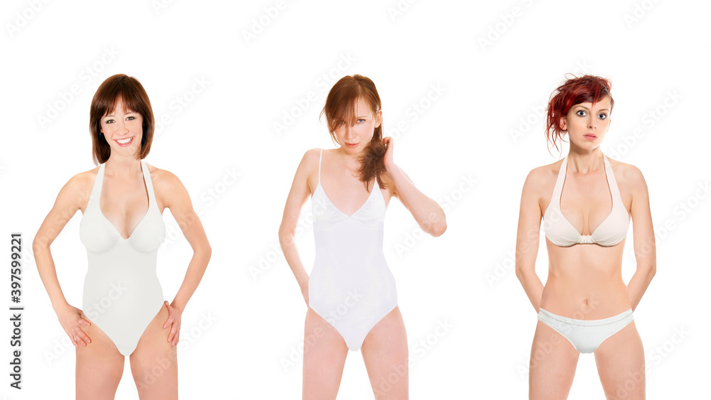 Portraits of three attractive young women wearing white beachwear, isolated on white studio background Portraits of three attractive young women wearing white beachwear, isolated on white studio background
