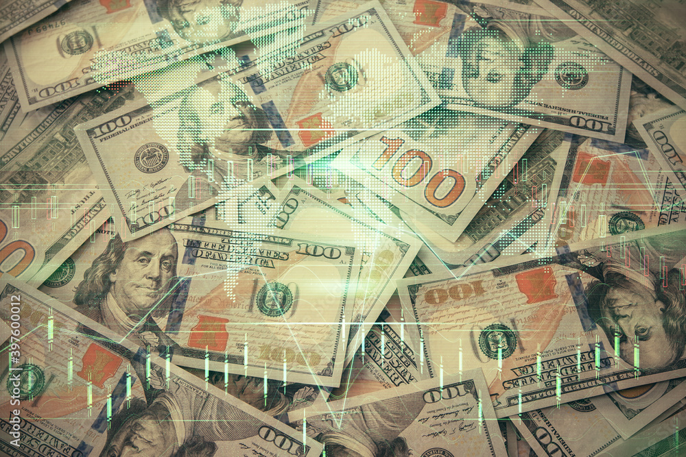 Multi exposure of forex chart drawing over us dollars bill background. Concept of financial success markets. Multi exposure of forex chart drawing over us dollars bill background. Concept of financial success markets.