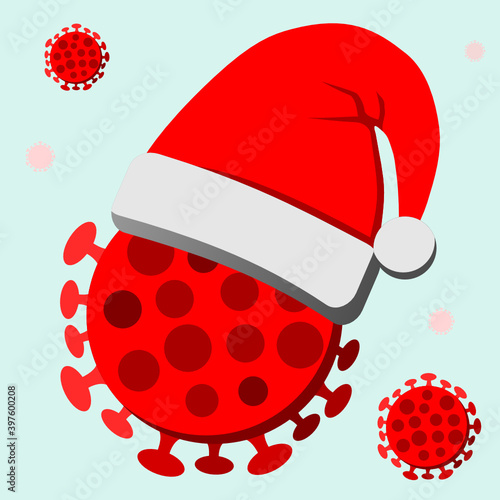 covid-19 coronavirus virus cell wearing christmas hat with christmas background