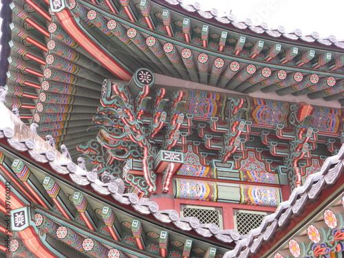 Painting of overhangs of roofs of buildings of the Imperial Palace in the Korean style.