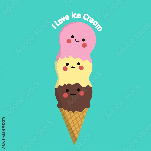 Background with three beautiful balls of ice cream cone waffle cute character. Sweet summer treat with chocolate, vanilla and pink color vector illustration