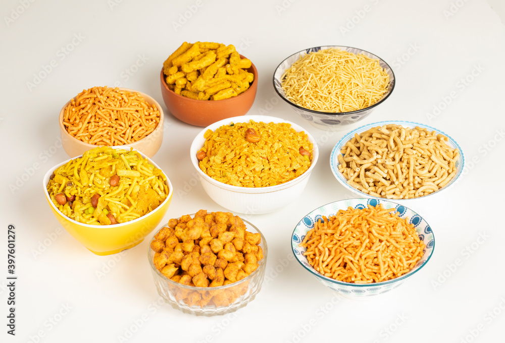 Group of Indian Traditional Spicy And Sweet Namkeen Food Group of Indian Traditional Spicy And Sweet Namkeen Food