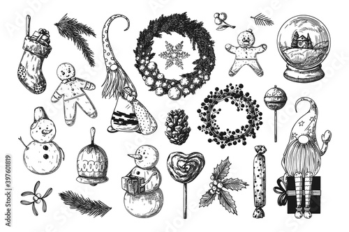 Big Christmas set. Toys, snowman, wreath and other Christmas elements. Sketch