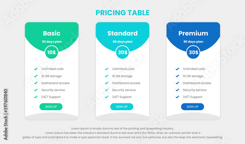 Modern pricing comparison table with three subscription plans and place for description. Flat pricing table design template for or websites and applications.