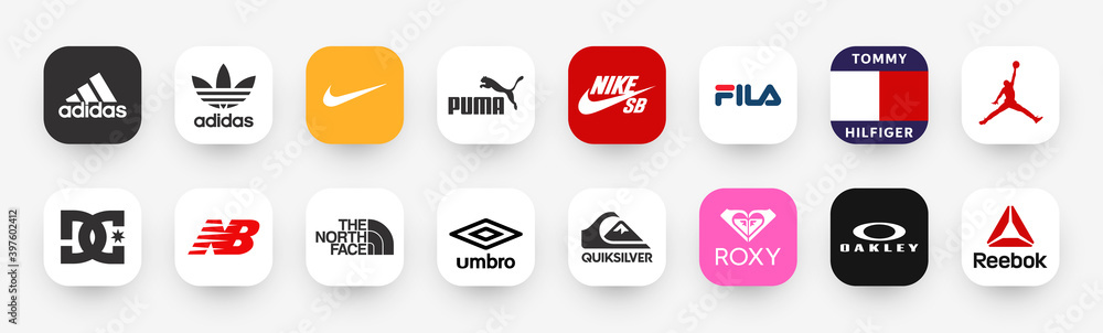 Vecteur Stock 16 app buttons for top sportswear brands. icons / buttons :  Adidas, Adidas original, Nike, Puma, Nike SB, Fila, Tommy Hilfiger, Jordan,  DC, NB, THE NORTH FACE, Umbro, Quiksilver, Roxy,
