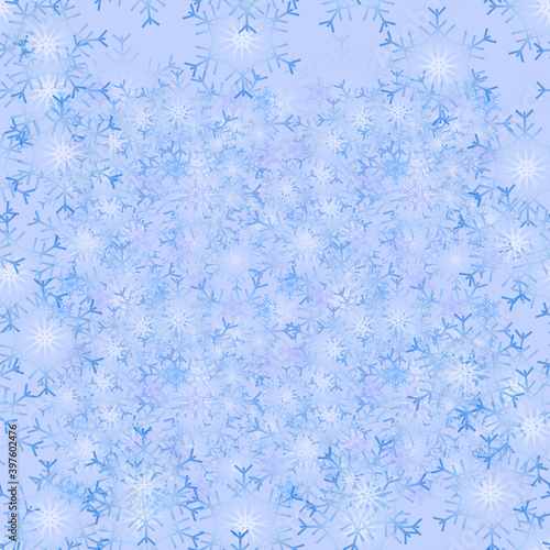 Vector seamless winter New Year pattern with snowflakes on a light blue background, for design of festive wrapping paper, cards, invitations.