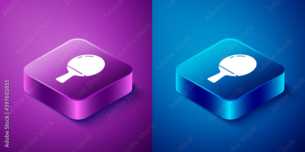Isometric Racket for playing table tennis icon isolated on blue and purple background. Square button. Vector Illustration. Isometric Racket for playing table tennis icon isolated on blue and purple background. Square button. Vector Illustration.