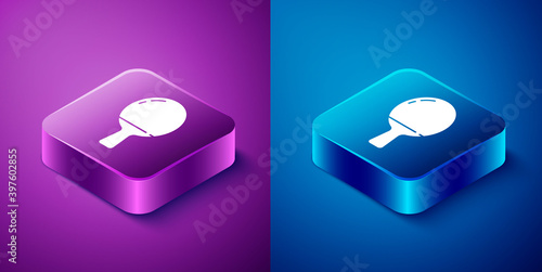 Isometric Racket for playing table tennis icon isolated on blue and purple background. Square button. Vector Illustration.