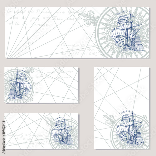 Old caravel, vintage sailboat. Sea adventure vector background. Doodles design elements business cards, banners, menu