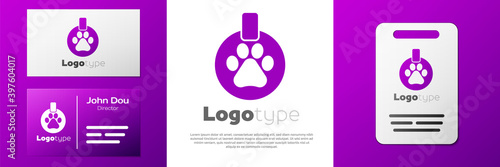 Logotype Collar with name tag icon isolated on white background. Supplies for domestic animal. Dog or cat paw print. Cat and dog care. Pet chains. Logo design template element. Vector.