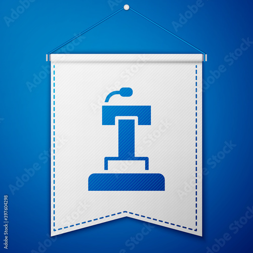 Blue Stage stand or debate podium rostrum icon isolated on blue background. Conference speech tribune. White pennant template. Vector.