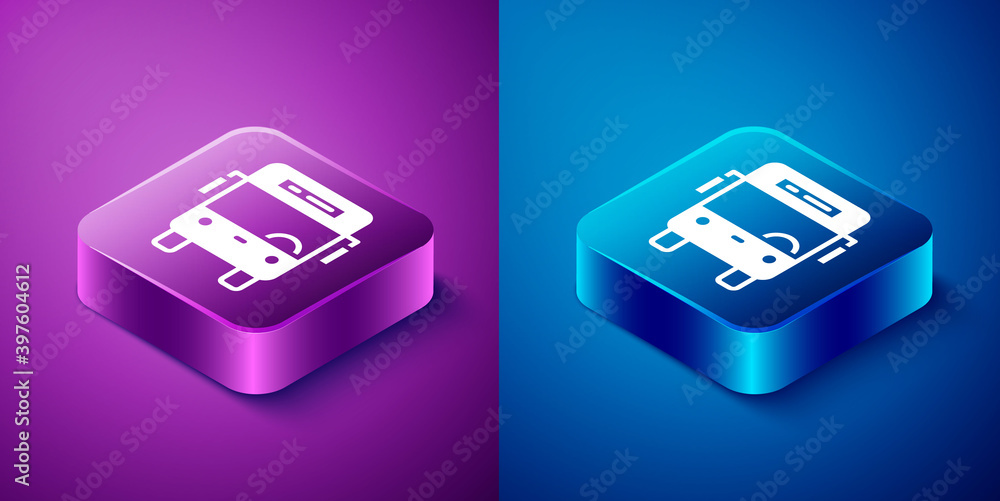 Isometric Bus icon isolated on blue and purple background. Transportation concept. Bus tour transport sign. Tourism or public vehicle symbol. Square button. Vector. Isometric Bus icon isolated on blue and purple background. Transportation concept. Bus tour transport sign. Tourism or public vehicle symbol. Square button. Vector.