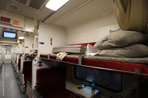 Photos Selective focus of Thai new express train with air conditioned for overnight tra