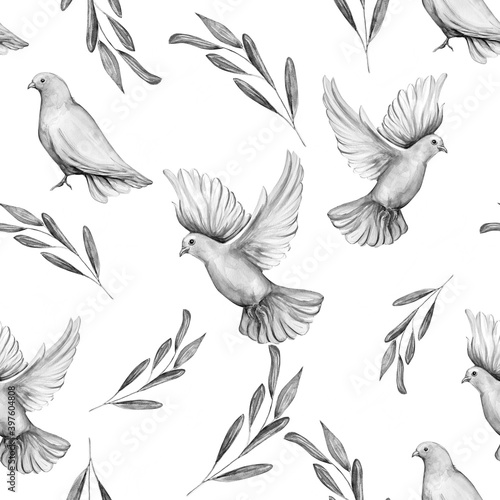 Watercolor seamless pattern of dove bird.