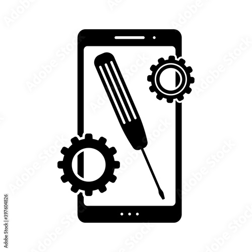 Phone icon. Repair of mobile devices. Black silhouette. Vector flat graphic illustration. The isolated object on a white background. Isolate.