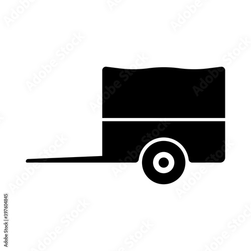 Small cargo car trailer icon. Caravan. Black silhouette. Side view. Vector flat graphic illustration. The isolated object on a white background. Isolate.