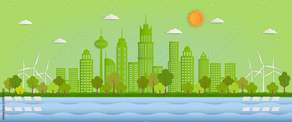 Paper art style of green city and environment conservation with wind turbines and solar cells. Eco and nature concept. Vector illustration EPS10.