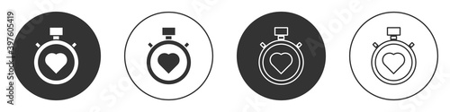 Black Heart in the center stopwatch icon isolated on white background. Valentines day. Circle button. Vector.